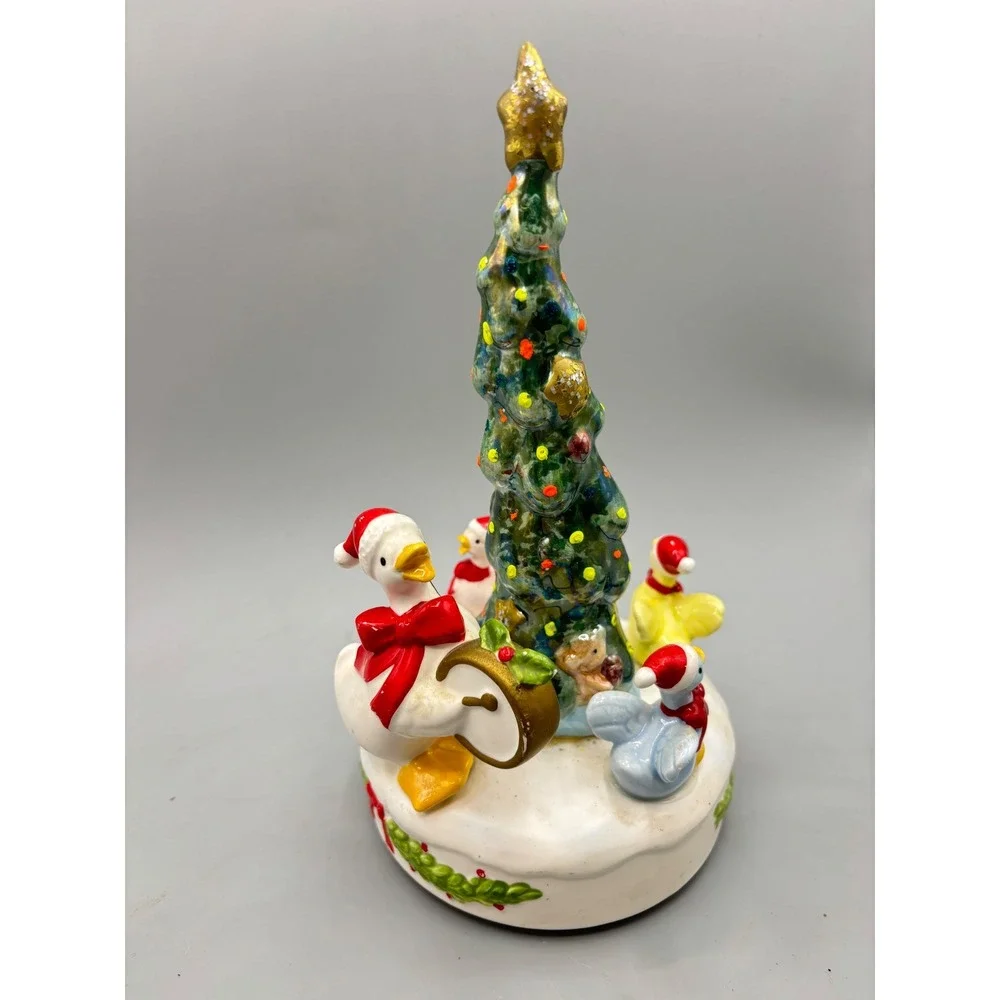 Vintage Christmas Music Box Wind Up Goose Ceramic Rotating Tree Cottage Ducks